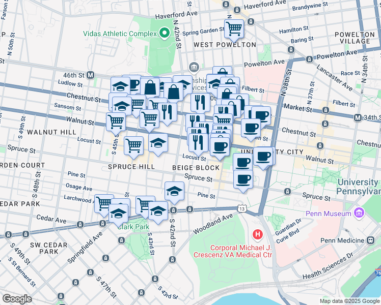 map of restaurants, bars, coffee shops, grocery stores, and more near 4100 Walnut Street in Philadelphia
