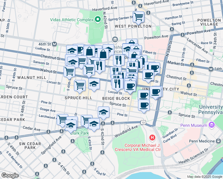 map of restaurants, bars, coffee shops, grocery stores, and more near 4100 Walnut Street in Philadelphia