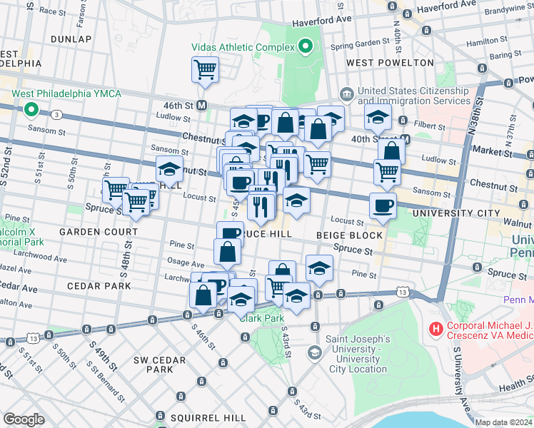 map of restaurants, bars, coffee shops, grocery stores, and more near in Philadelphia