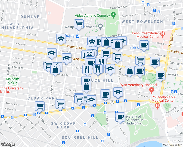 map of restaurants, bars, coffee shops, grocery stores, and more near 4426 Locust Street in Philadelphia