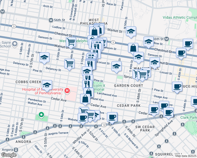 map of restaurants, bars, coffee shops, grocery stores, and more near 5127 Delancey Street in Philadelphia