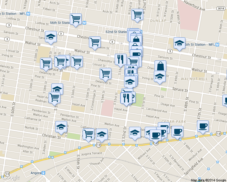 map of restaurants, bars, coffee shops, grocery stores, and more near 327 South 53rd Street in Philadelphia