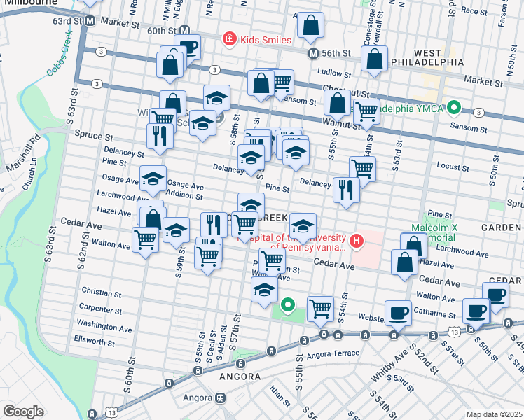 map of restaurants, bars, coffee shops, grocery stores, and more near 5636 Osage Avenue in Philadelphia