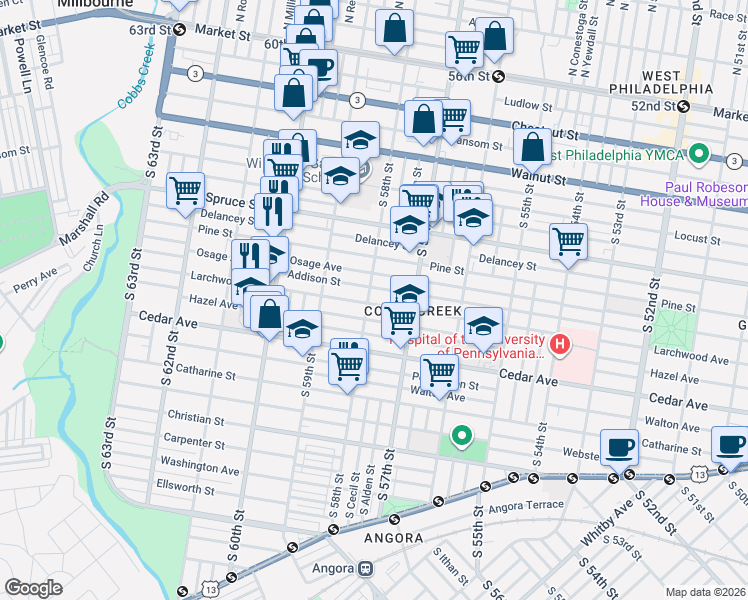 map of restaurants, bars, coffee shops, grocery stores, and more near 5802 Addison Street in Philadelphia