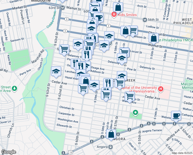 map of restaurants, bars, coffee shops, grocery stores, and more near 5910 Larchwood Avenue in Philadelphia