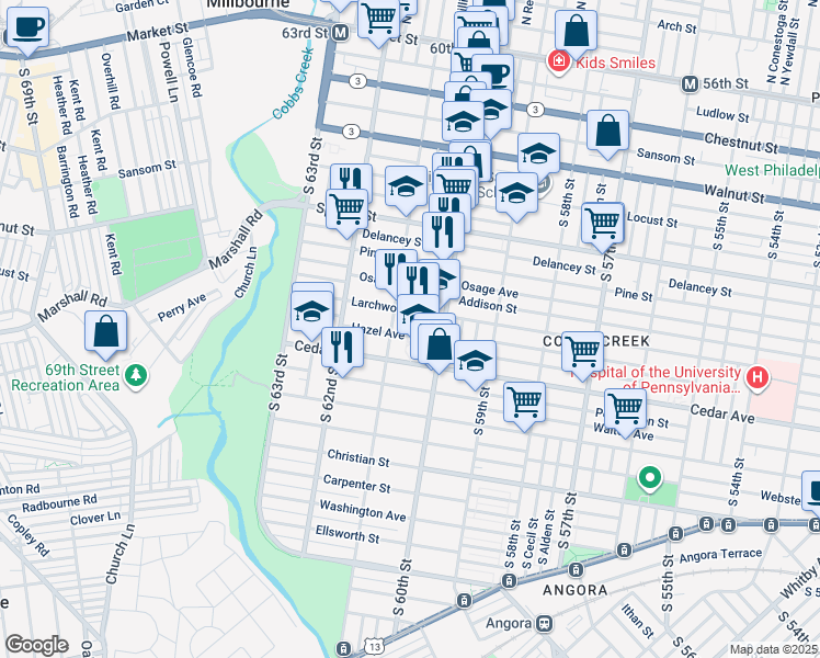 map of restaurants, bars, coffee shops, grocery stores, and more near 504 South 61st Street in Philadelphia