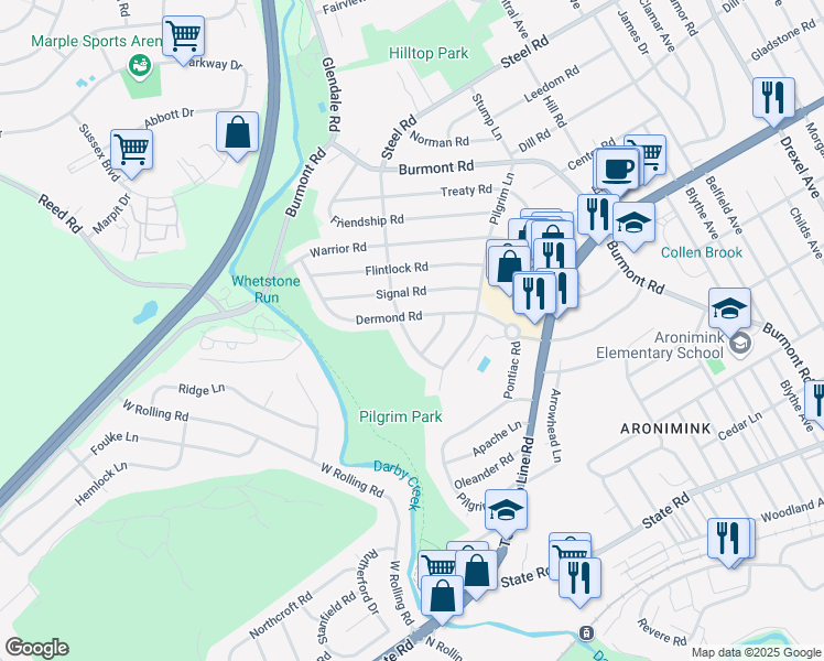 map of restaurants, bars, coffee shops, grocery stores, and more near 1224 Dermond Road in Drexel Hill