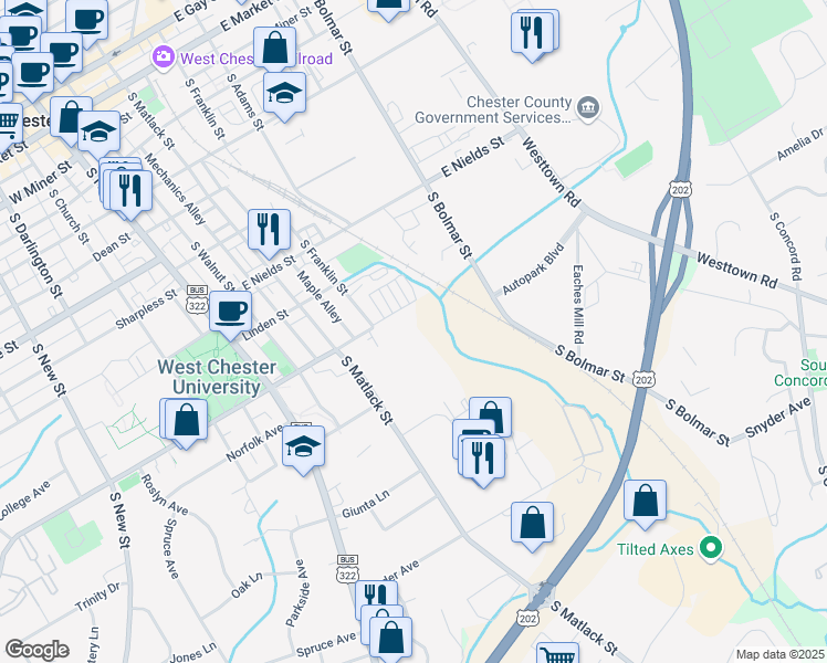 map of restaurants, bars, coffee shops, grocery stores, and more near 727 South Adams Street in West Chester