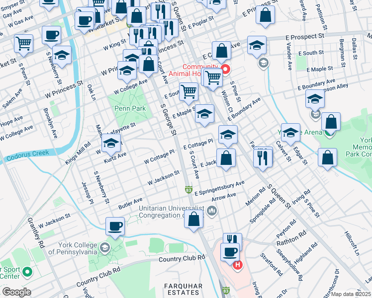 map of restaurants, bars, coffee shops, grocery stores, and more near 39 East Cottage Place in York