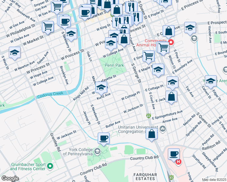 map of restaurants, bars, coffee shops, grocery stores, and more near 506 South Pershing Avenue in York