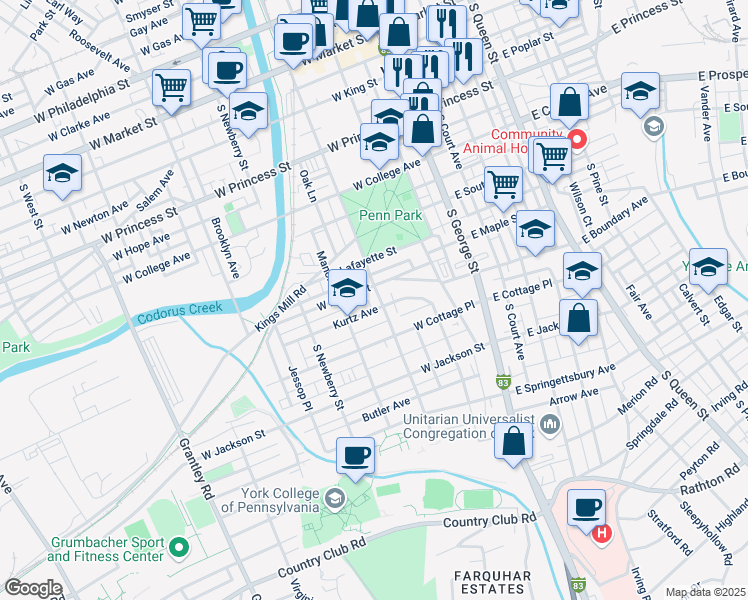 map of restaurants, bars, coffee shops, grocery stores, and more near 506 South Pershing Avenue in York