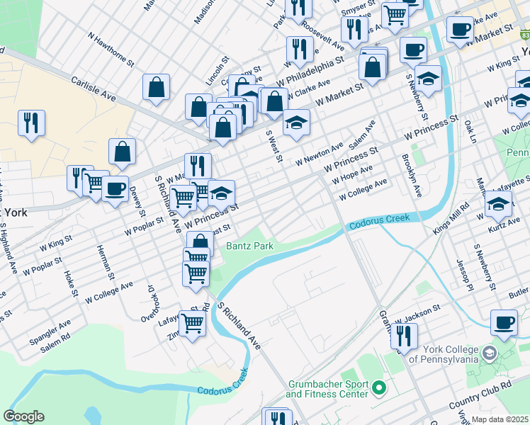 map of restaurants, bars, coffee shops, grocery stores, and more near 655 West Locust Street in York