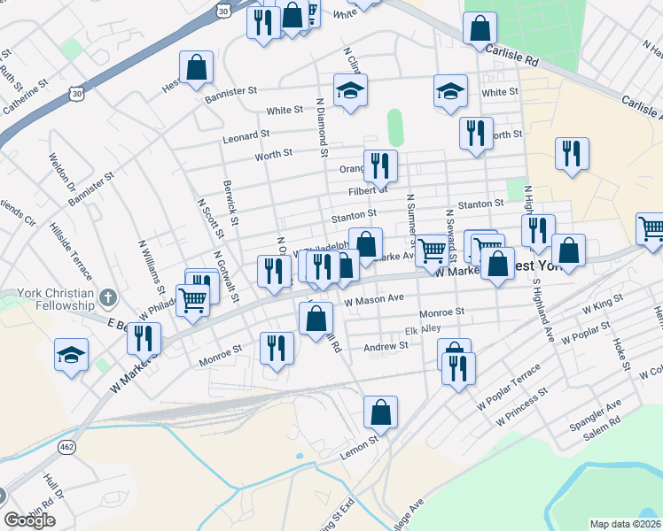 map of restaurants, bars, coffee shops, grocery stores, and more near 45 North Diamond Street in York