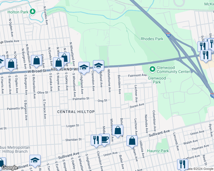 map of restaurants, bars, coffee shops, grocery stores, and more near 82 Whitethorne Avenue in Columbus