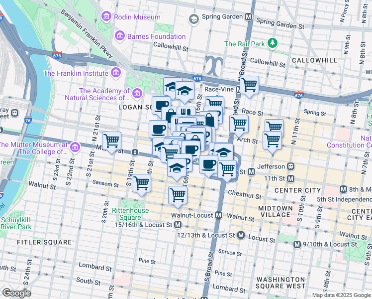 map of restaurants, bars, coffee shops, grocery stores, and more near 1600 John F Kennedy Boulevard in Philadelphia