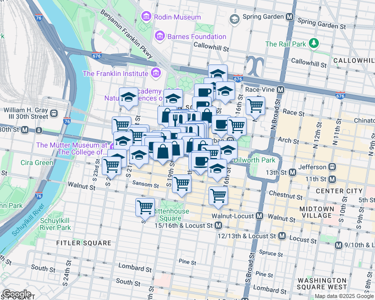 map of restaurants, bars, coffee shops, grocery stores, and more near 1801 Market Street in Philadelphia