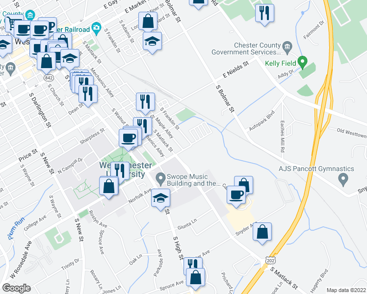 map of restaurants, bars, coffee shops, grocery stores, and more near 241 East Rosedale Avenue in West Chester