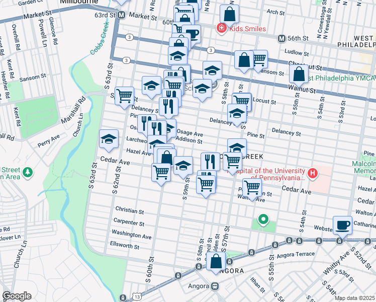 map of restaurants, bars, coffee shops, grocery stores, and more near 5910 Larchwood Avenue in Philadelphia