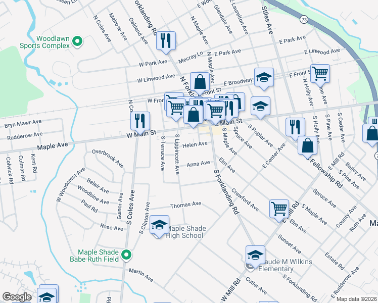 map of restaurants, bars, coffee shops, grocery stores, and more near 32 Helen Avenue in Maple Shade