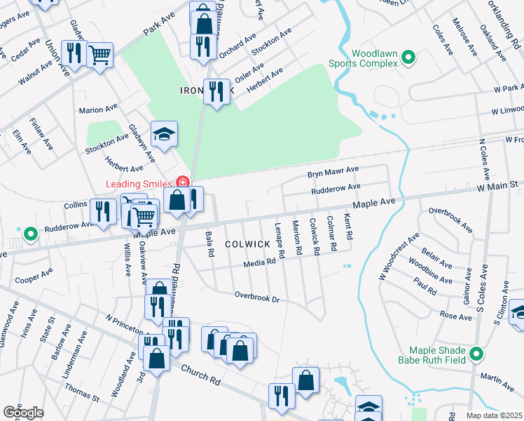map of restaurants, bars, coffee shops, grocery stores, and more near 8275 Maple Avenue in Pennsauken