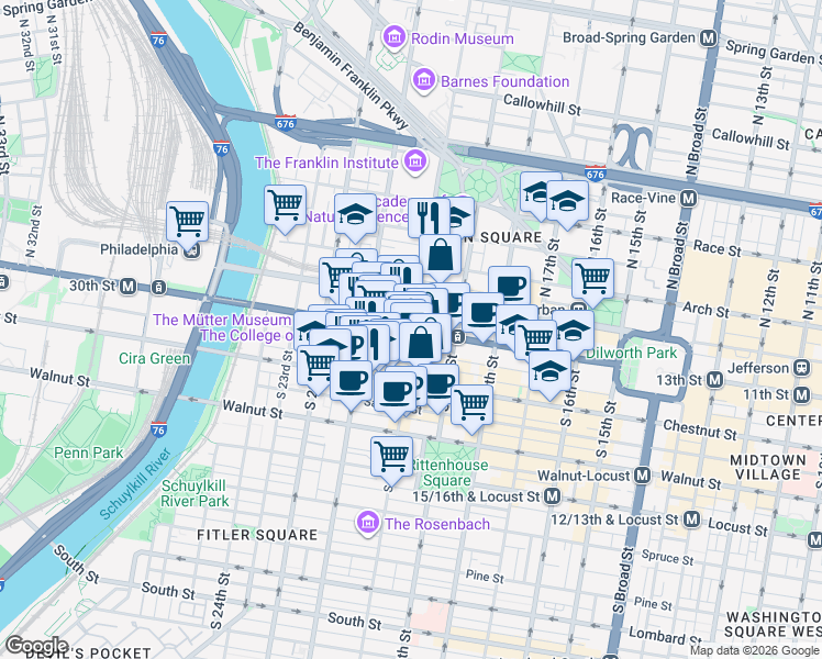 map of restaurants, bars, coffee shops, grocery stores, and more near 2005 Market Street in Philadelphia