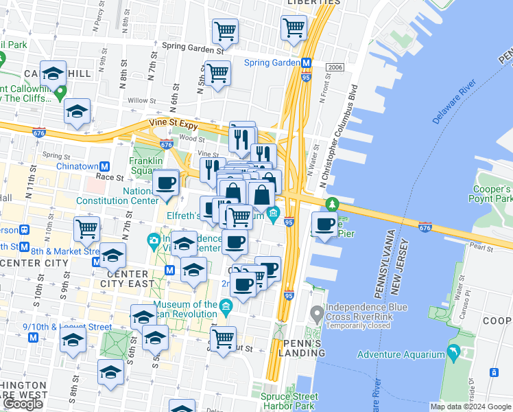 map of restaurants, bars, coffee shops, grocery stores, and more near 212-20 Race Street in Philadelphia
