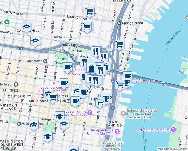 map of restaurants, bars, coffee shops, grocery stores, and more near 225 Race Street in Philadelphia