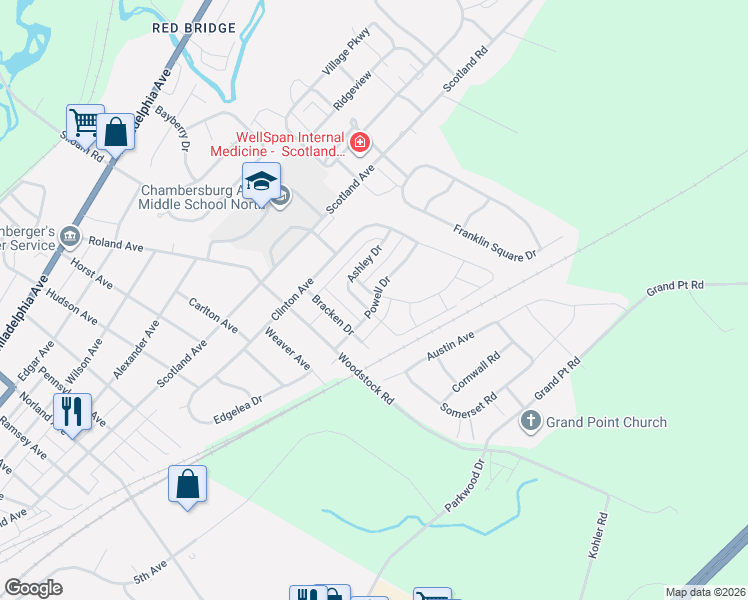 map of restaurants, bars, coffee shops, grocery stores, and more near 1920 Ashley Drive in Chambersburg