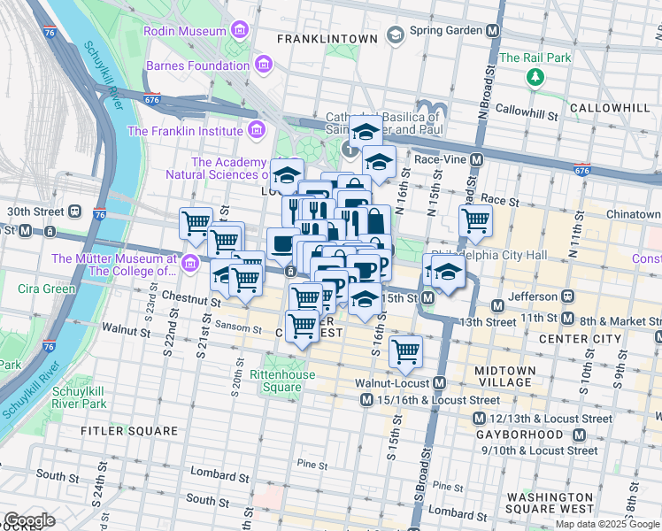 map of restaurants, bars, coffee shops, grocery stores, and more near 1735 Market Street in Philadelphia
