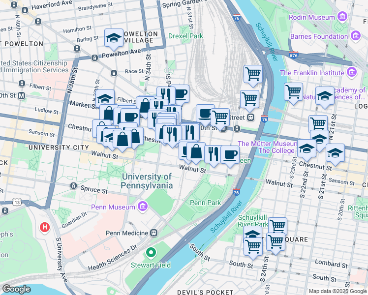 map of restaurants, bars, coffee shops, grocery stores, and more near 3200 Chestnut Street in Philadelphia