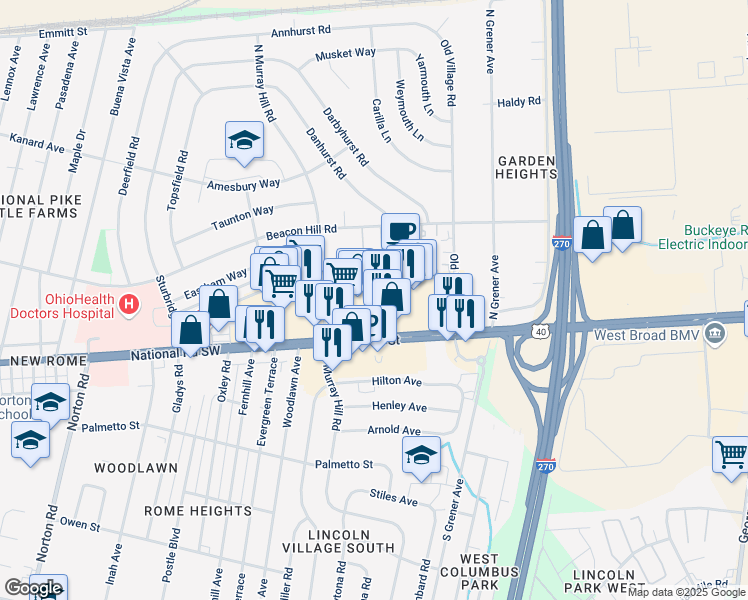 map of restaurants, bars, coffee shops, grocery stores, and more near 4730 West Broad Street in Columbus