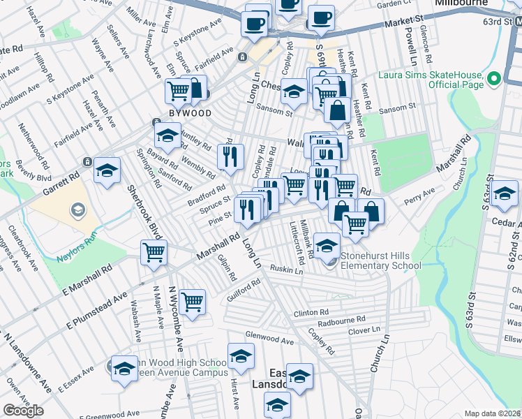 map of restaurants, bars, coffee shops, grocery stores, and more near 325 Copley Road in Delaware County