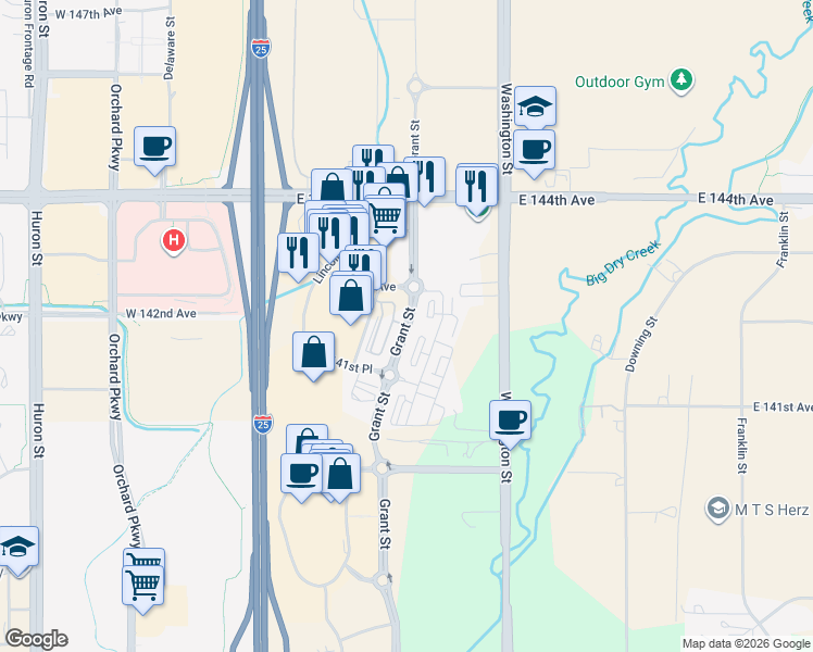 map of restaurants, bars, coffee shops, grocery stores, and more near 138801 Grant Street in Thornton
