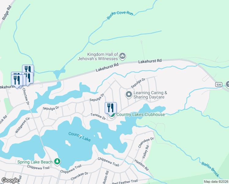 map of restaurants, bars, coffee shops, grocery stores, and more near 21 Muskogean Trail in Browns Mills