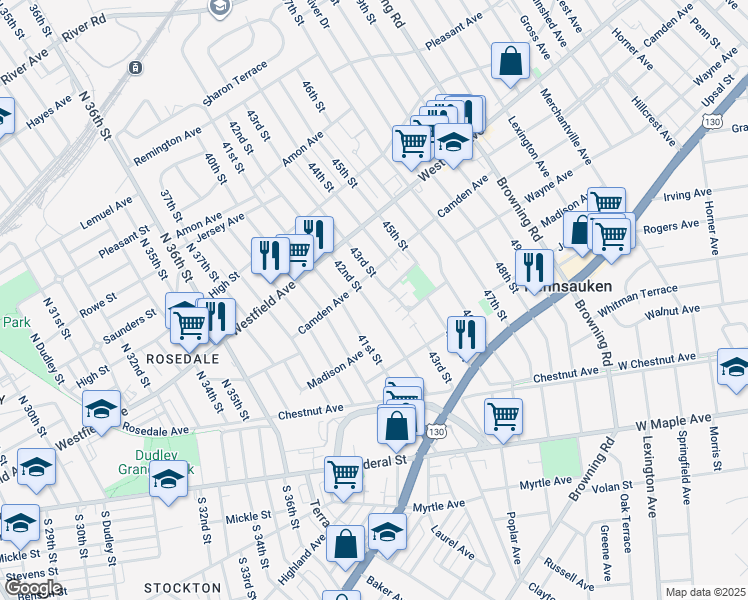 map of restaurants, bars, coffee shops, grocery stores, and more near 2232 42nd Street in Pennsauken