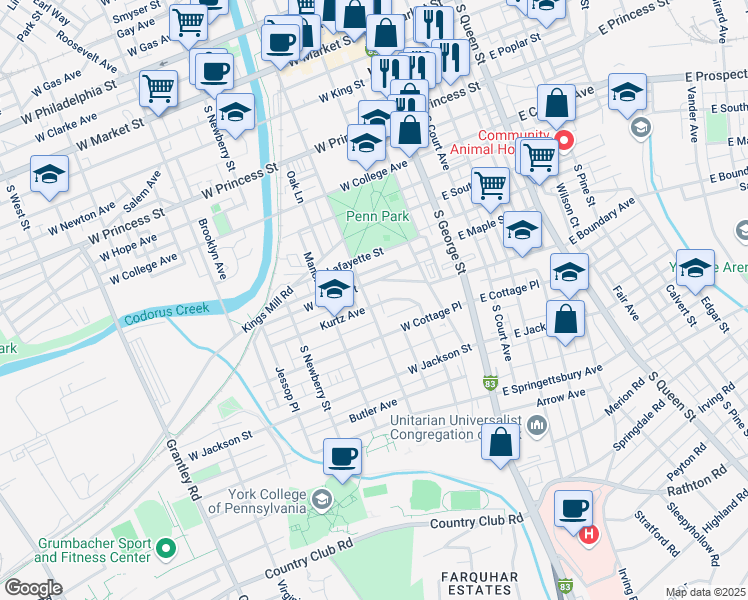 map of restaurants, bars, coffee shops, grocery stores, and more near 506 South Pershing Avenue in York