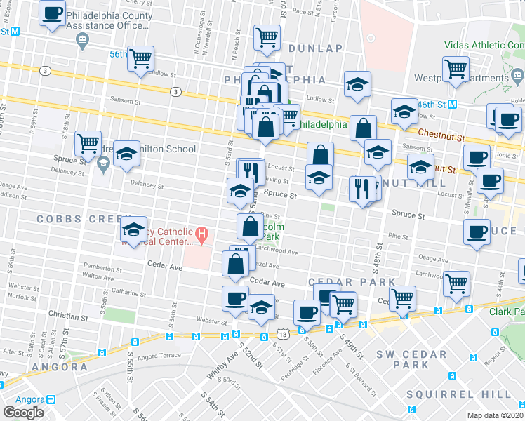 map of restaurants, bars, coffee shops, grocery stores, and more near 5141 Pine Street in Philadelphia