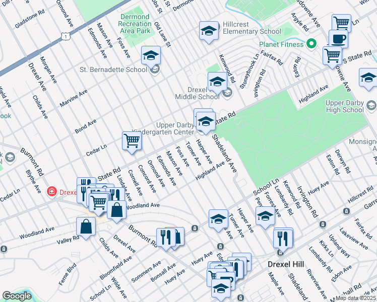 map of restaurants, bars, coffee shops, grocery stores, and more near 746 Turner Avenue in Drexel Hill