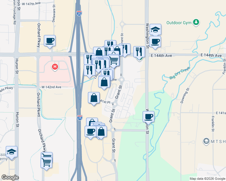 map of restaurants, bars, coffee shops, grocery stores, and more near 14200 Lincoln Street in Thornton