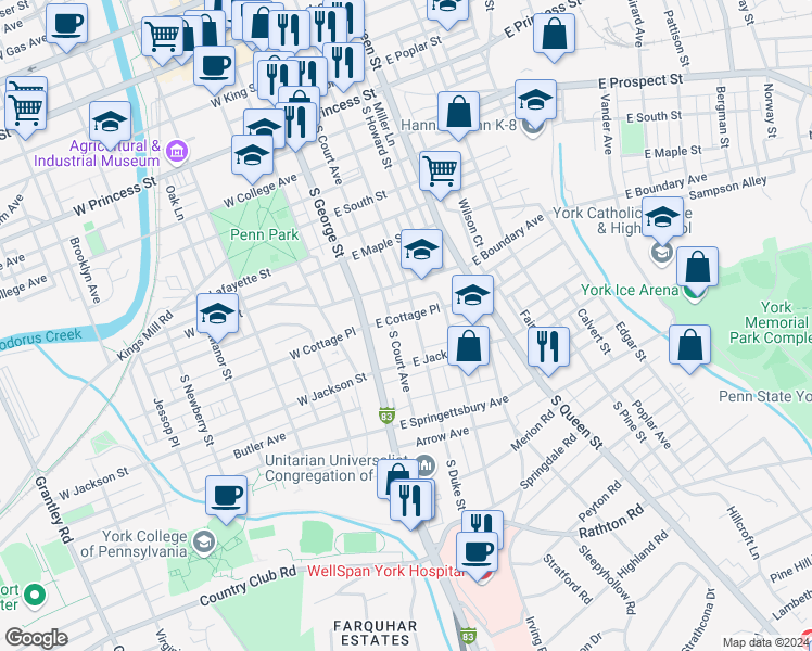 map of restaurants, bars, coffee shops, grocery stores, and more near 46 East Cottage Place in York