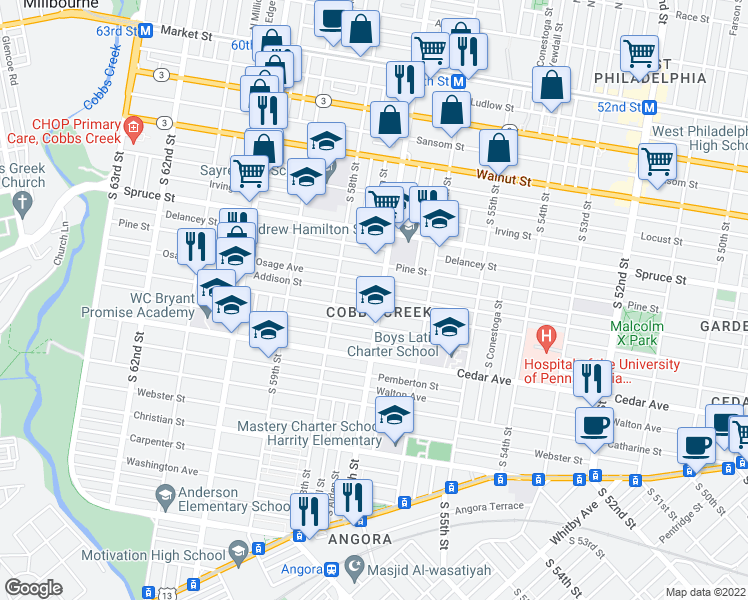 map of restaurants, bars, coffee shops, grocery stores, and more near 438 South 57th Street in Philadelphia