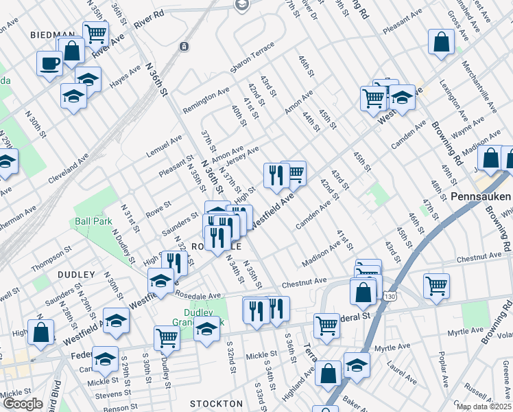 map of restaurants, bars, coffee shops, grocery stores, and more near 332 North 37th Street in Pennsauken Township