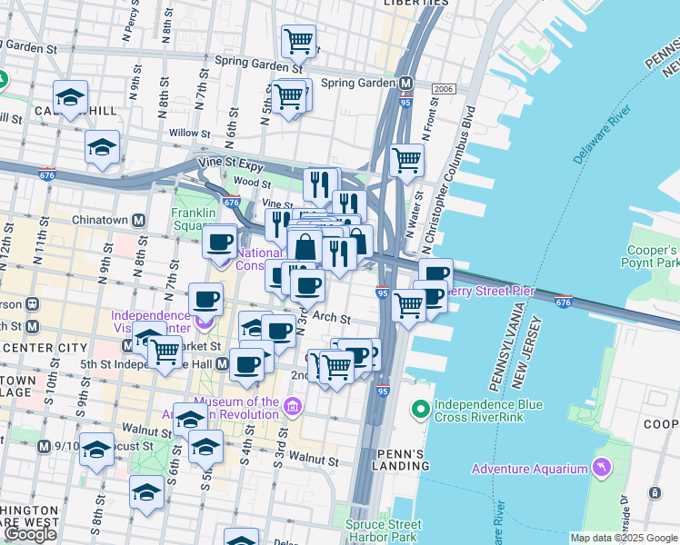 map of restaurants, bars, coffee shops, grocery stores, and more near 212-20 Race Street in Philadelphia