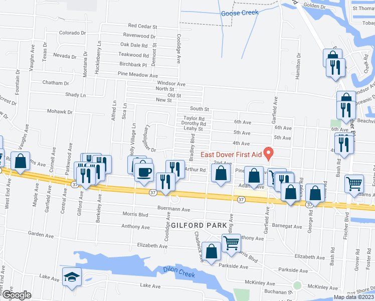 map of restaurants, bars, coffee shops, grocery stores, and more near 2113 Montgomery Road in Toms River
