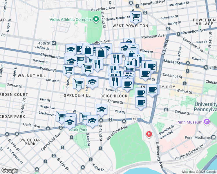 map of restaurants, bars, coffee shops, grocery stores, and more near 4107 Locust Street in Philadelphia
