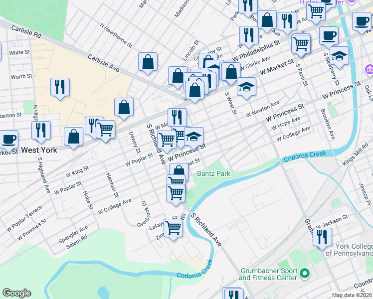 map of restaurants, bars, coffee shops, grocery stores, and more near 806 School Place in York