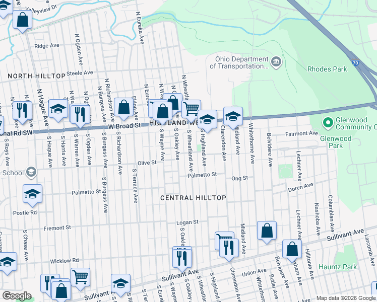 map of restaurants, bars, coffee shops, grocery stores, and more near 58 South Oakley Avenue in Columbus
