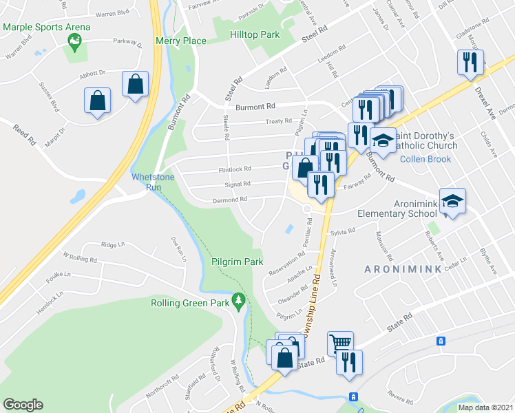 map of restaurants, bars, coffee shops, grocery stores, and more near 208 Hiawatha Lane in Drexel Hill