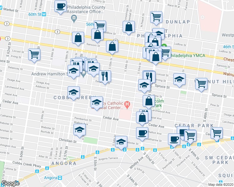 map of restaurants, bars, coffee shops, grocery stores, and more near 5413 Osage Avenue in Philadelphia