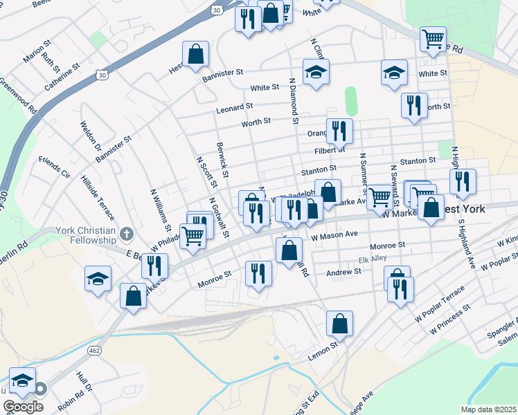 map of restaurants, bars, coffee shops, grocery stores, and more near 2006 West Philadelphia Street in York